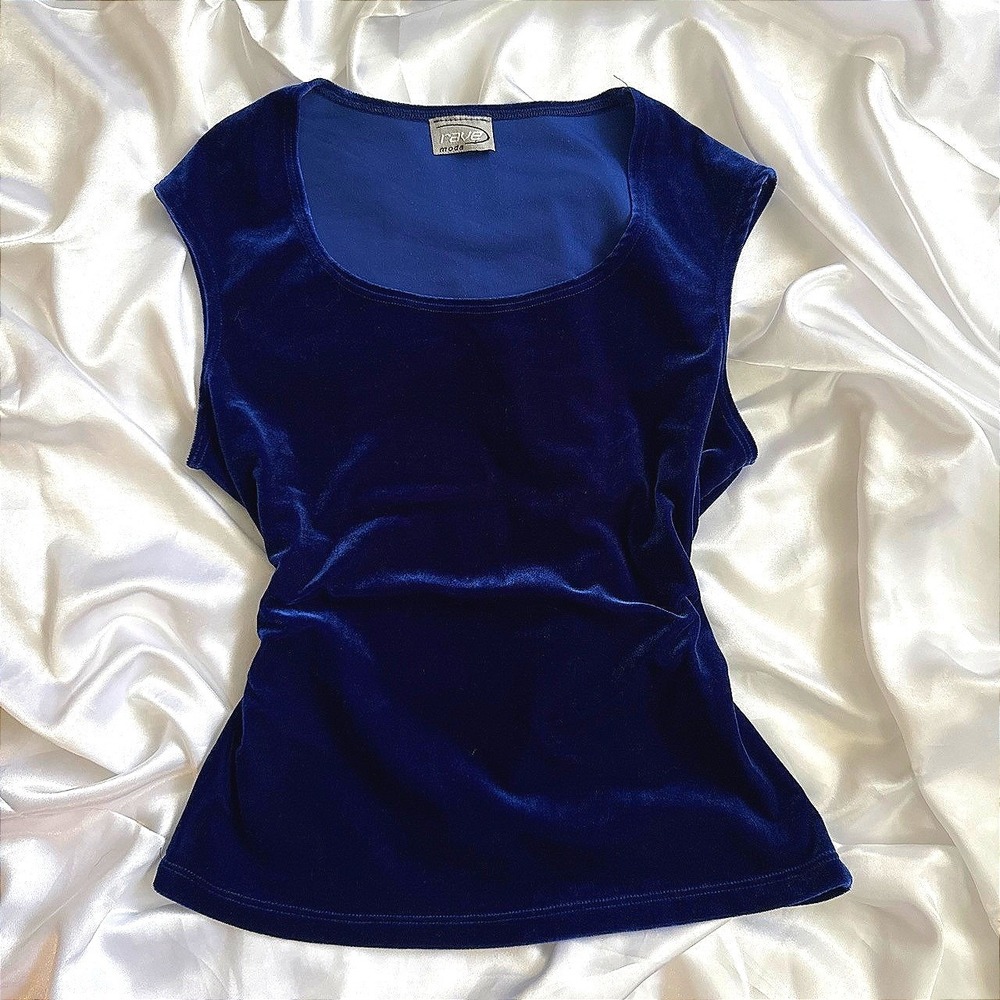 Rave Moda Royal Blue Velvet Tank Top Scoop Neck Sleeveless Blouse Vintage Style
